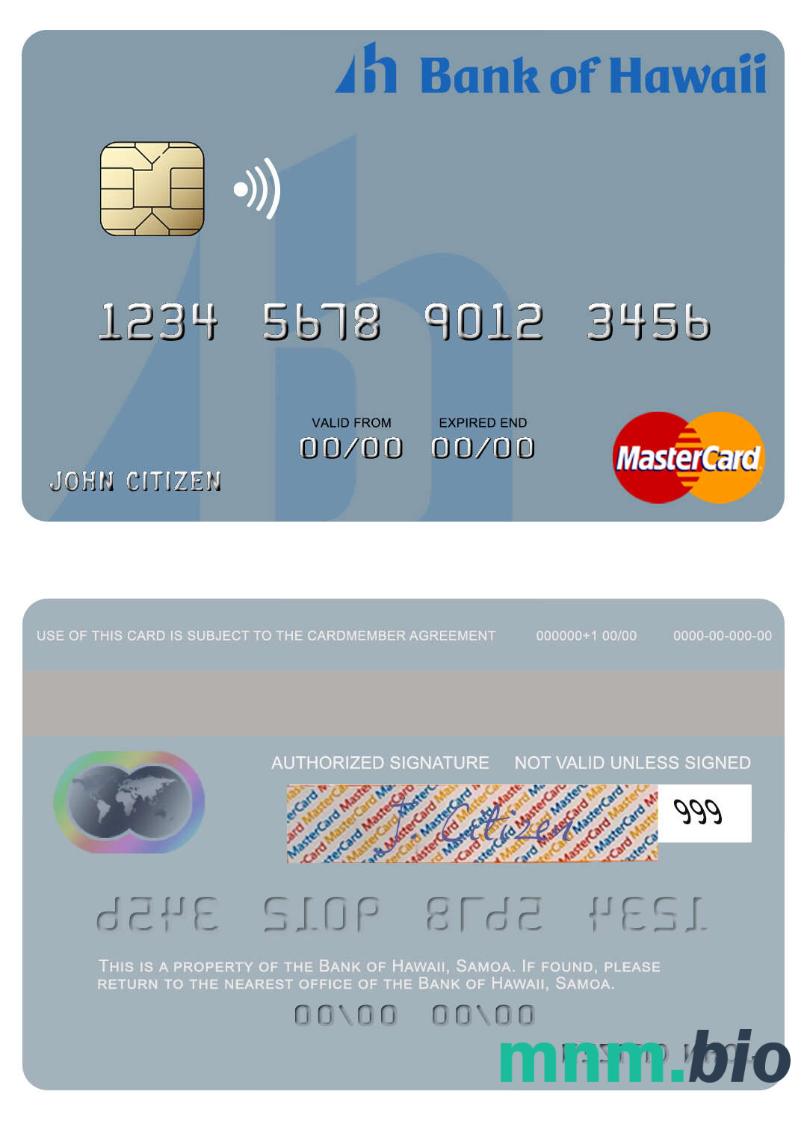 Samoa Bank of Hawaii przykład karty mastercard w formacie PSD
